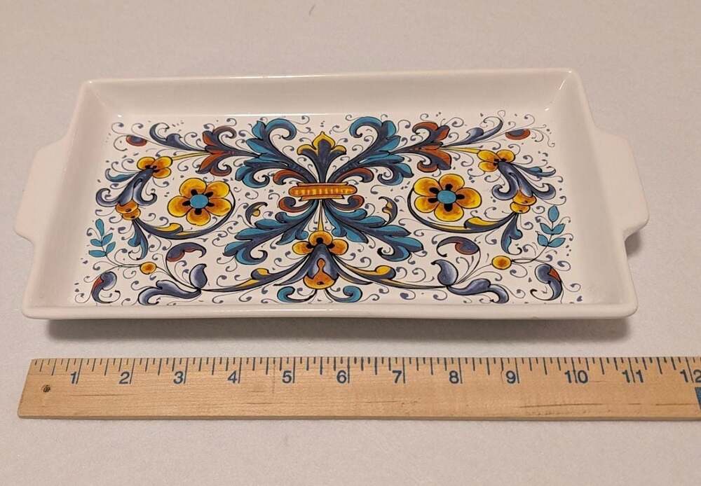Nova Deruta Ricco Pattern Rectangular Handled Serving Tray Made in Italy 11x7 - Picture 6 of 7
